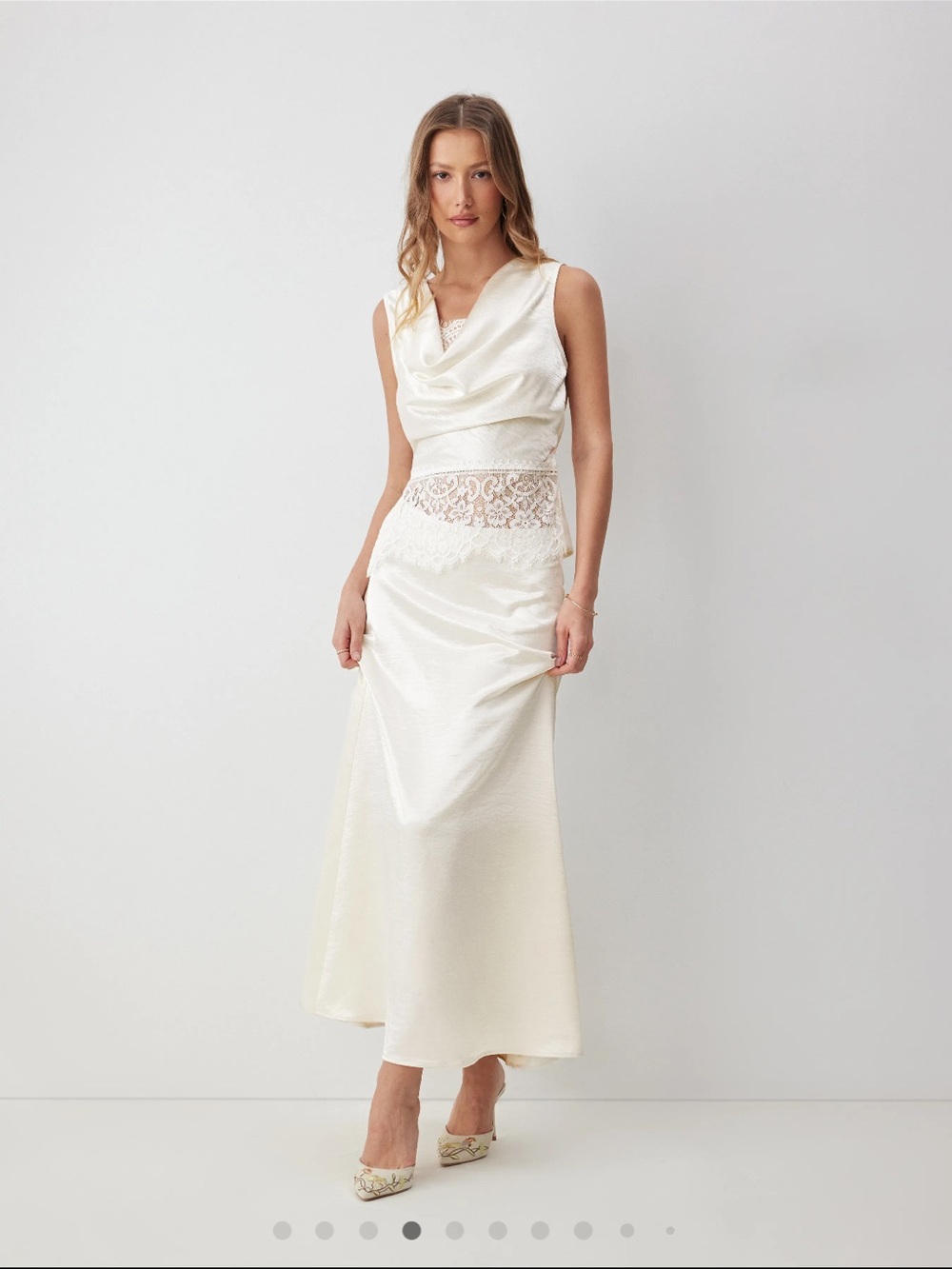 Ivory Satin Lace-Panel Cowl Neck shirt skirt set